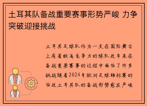 土耳其队备战重要赛事形势严峻 力争突破迎接挑战