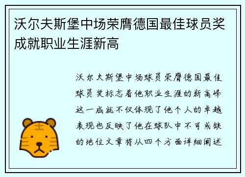 沃尔夫斯堡中场荣膺德国最佳球员奖成就职业生涯新高 沃尔夫斯堡中场荣膺德国最佳球员奖成就职业生涯新高