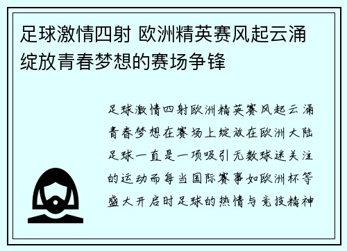 足球激情四射 欧洲精英赛风起云涌 绽放青春梦想的赛场争锋
