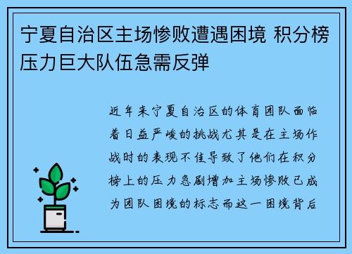 宁夏自治区主场惨败遭遇困境 积分榜压力巨大队伍急需反弹