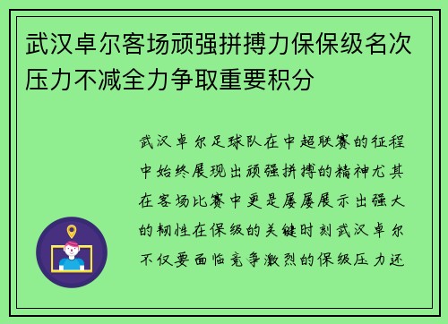 武汉卓尔客场顽强拼搏力保保级名次压力不减全力争取重要积分 武汉卓尔客场顽强拼搏力保保级名次压力不减全力争取重要积分