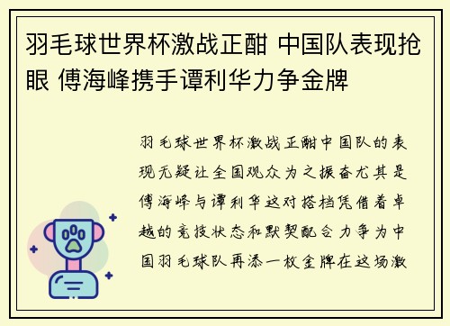 羽毛球世界杯激战正酣 中国队表现抢眼 傅海峰携手谭利华力争金牌 羽毛球世界杯激战正酣 中国队表现抢眼 傅海峰携手谭利华力争金牌